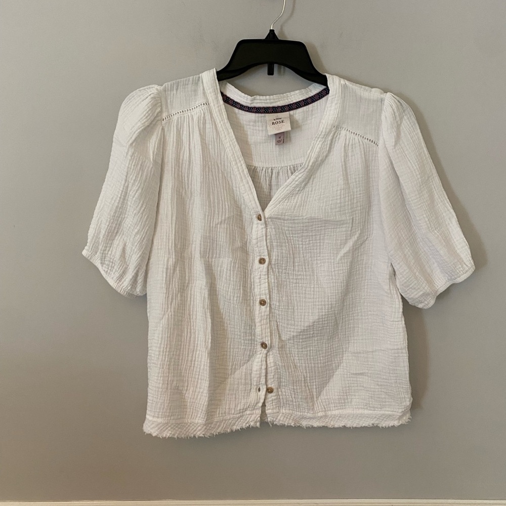 Knox Rose White Gauze Button-Front Puff Sleeve Top